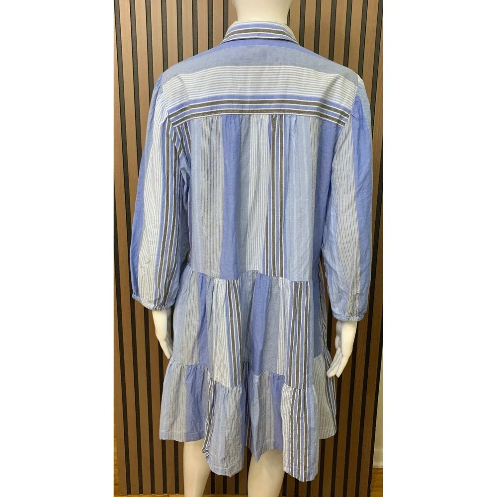 Gap Blue Mixed Stripe Tiered Shirt Dress Cotton L 3/4 Sleeve Casual Mini - Picture 3 of 12